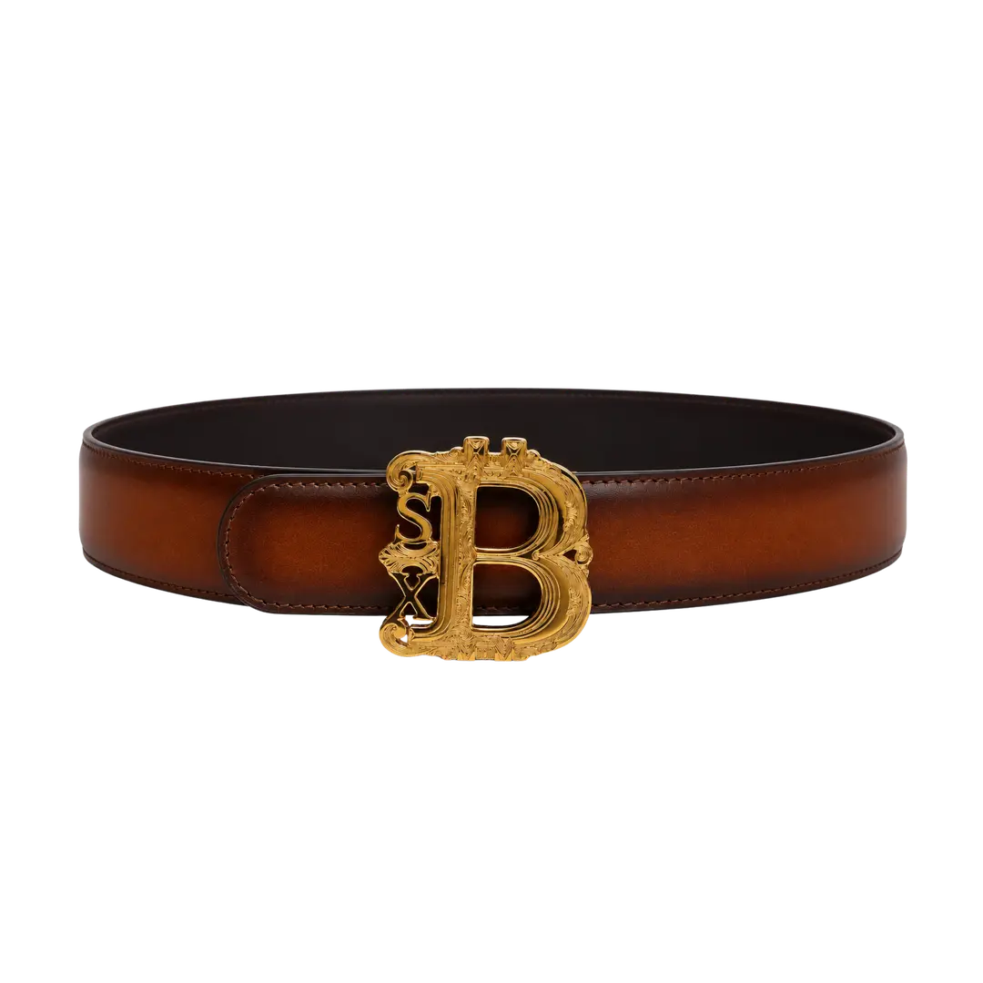 King's Code brown leather belt with gold house buckle