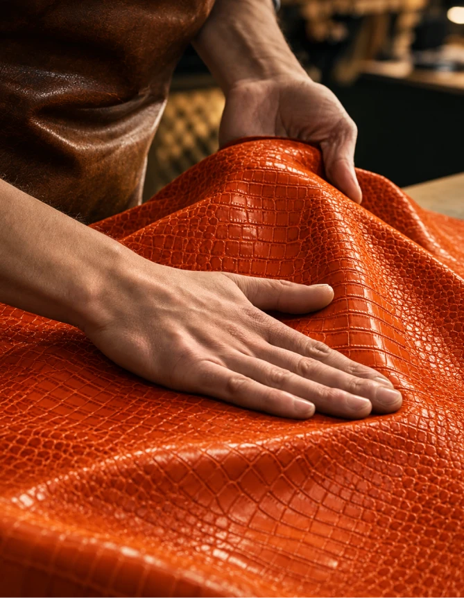 Hands stretching and inspecting richly textured orange leather