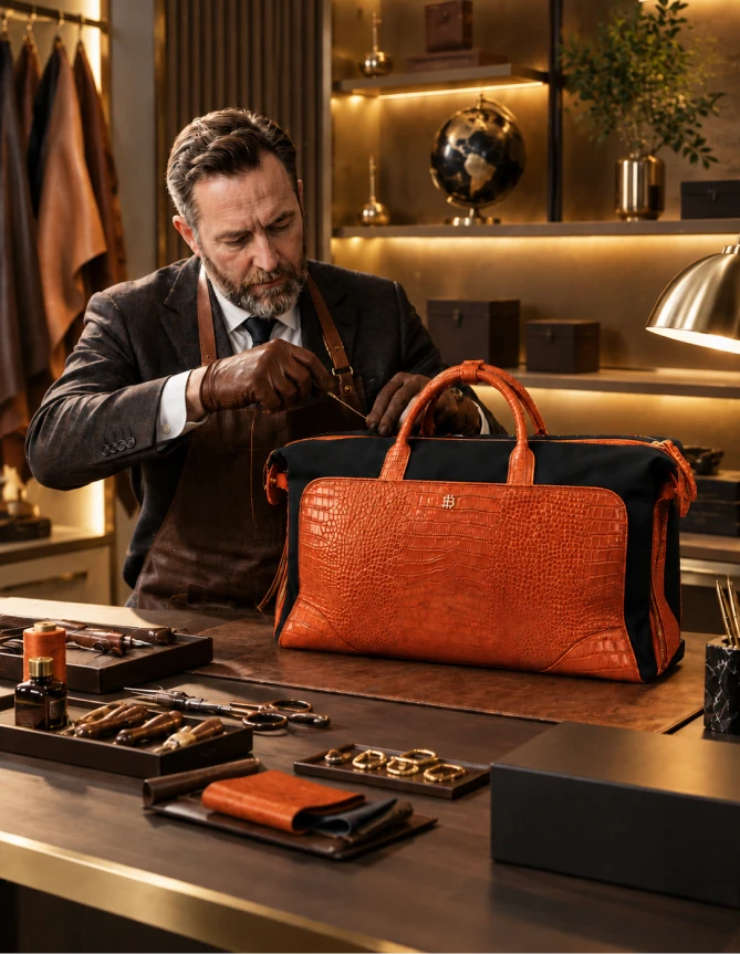 Hands stretching and inspecting richly textured orange leather
