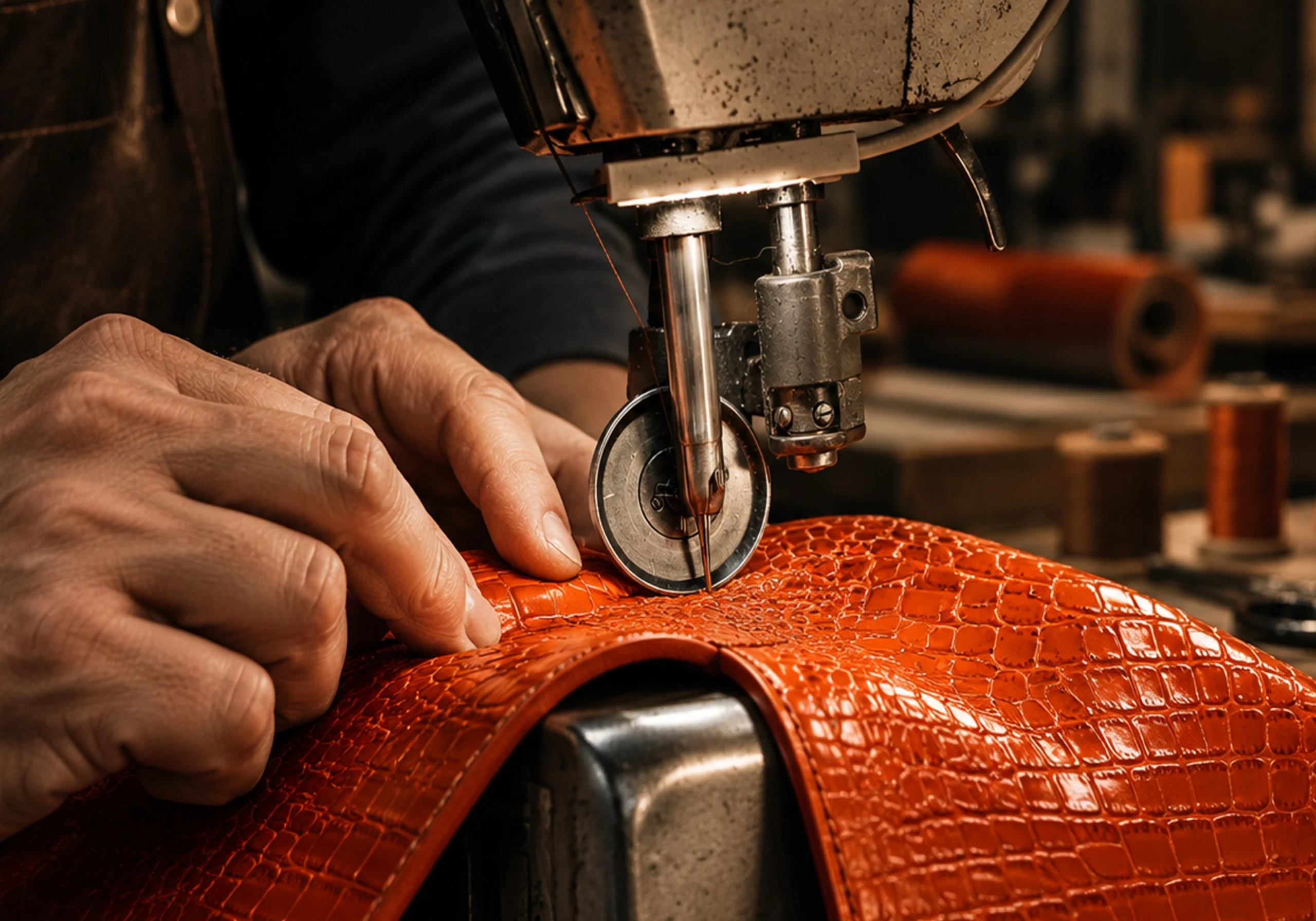 Hands comparing two full-grain leather swatches